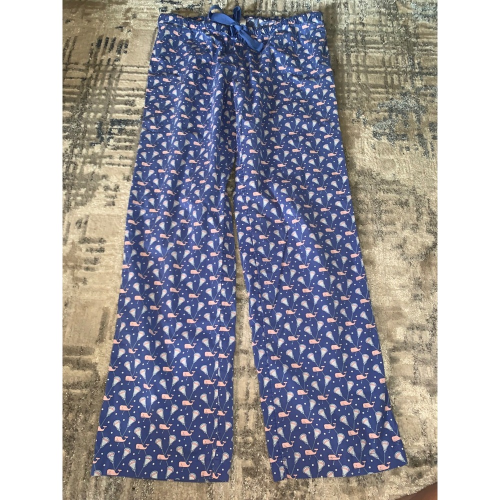 Vineyard Vines Lacrosse Whale Print Pajama Pants Blue Pink XS Cotton Blend